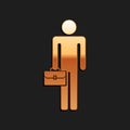 Gold Businessman man with briefcase icon isolated on black background. Long shadow style. Vector Royalty Free Stock Photo