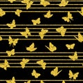 Gold butterflies and horizontal stripes on a black background. Seamless digital scrapbooking paper. Seamless pattern for fabrics Royalty Free Stock Photo