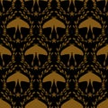 Gold butterfly on black. Bright floral damask seamless pattern. Vector branches with leaves modern ornate. Royalty Free Stock Photo