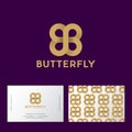 Gold butterfly like infinity from ribbon. B and B monogram on a dark-purple background. Double B like a butterfly.