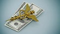 Gold caduceus symbol standing on dollar bills. 3D illustration Royalty Free Stock Photo