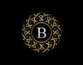 Gold Calligraphic Badge with Letter B Design. Ornamental luxury golden logo design vector illustration