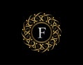 Gold Calligraphic Badge with Letter F Design. Ornamental luxury golden logo design vector illustration