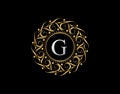 Gold Calligraphic Badge with Letter G Design. Ornamental luxury golden logo design vector illustration