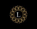 Gold Calligraphic Badge with Letter L Design. Ornamental luxury golden logo design vector illustration