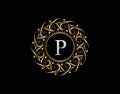 Gold Calligraphic Badge with Letter P Design. Ornamental luxury golden logo design vector illustration