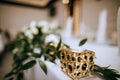 Gold candlestick on the table. Party tables decoration in restaurant Royalty Free Stock Photo