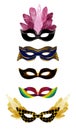 Gold carnival mask collection with feathers and beads. Royalty Free Stock Photo
