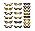 Gold carnival mask collection, isolated masks set on white. Royalty Free Stock Photo