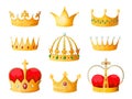 Gold cartoon crown. Golden yellow emperor prince queen crowns diamond coronation tiara crowning emojis corona isolated Royalty Free Stock Photo