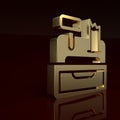 Gold Cash register machine with a check icon isolated on brown background. Cashier sign. Cashbox symbol. Minimalism Royalty Free Stock Photo