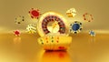 Gold Casino Roulette Wheel, Four Aces, Poker Chips And Dices - 3D Illustration