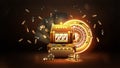 Gold Casino Slot Machine with black playing cards, neon gold roulette, dice and chips in dark scene. Casino backdrop for your arts Royalty Free Stock Photo