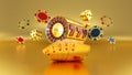 Gold Casino Slot, Poker Cards, Poker Chips And Dices On The Golden Background - 3D Illustration