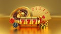 Gold Casino Slot, Poker Cards, Poker Chips And Dices On The Golden Background - 3D Illustration Royalty Free Stock Photo