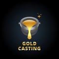 Gold casting logo. Cast iron ladle and fused gold, copper. Extraction of precious metals. 3d style.