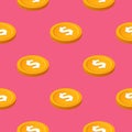 Gold cent bucks coins vector seamless pattern. Isometric golden usd money chips on pink background