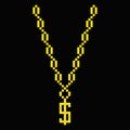 Gold chain with dollar symbol pixel icon. Luxurious rich rapper necklace for game party cultural hip hop.