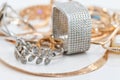 Gold chain snake netting and silver ruby ring Royalty Free Stock Photo