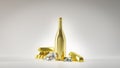 gold champagne bottle with pile of gold bars and diamonds - luxury 3d render for new year christmas and anniversaries. high class Royalty Free Stock Photo
