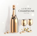 Gold champagne bottles with wine glasses, luxury festive alcohol products for celebration, vector illustration.