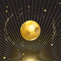 Gold championship soccer ball sign soccer world cup winner goal banner gold rays with stars background Royalty Free Stock Photo