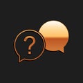 Gold Chat question icon isolated on black background. Help speech bubble symbol. FAQ sign. Question mark sign. Long Royalty Free Stock Photo