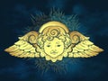 Gold cherub cute winged curly smiling baby boy angel with rays of linght over blue sky background. Hand drawn design or fabric pri