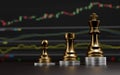 Gold Chess with money investment ,financial market, emulation and planning concept, 3D render