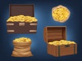 Gold chest. Realistic sack and wooden pirate chest with treasures old vintage case full of money golden coins decent