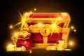 Gold chest treasure illustration, vector red pirate open box, coin pile, money bag, game success icon.