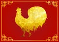 Gold chicken rooster zodiac low poly symbols on red background and gold frame for chinese new year card