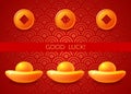 Gold Chinese Copper Coins. Gold Ingot. Chinese New Year symbol. Golden bar. Greeting card. Flat design. Isolated. Red background