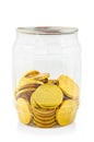 Gold chocolate coin in bottle. Royalty Free Stock Photo