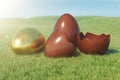 Gold and chocolate eggs in a meadow on a sunny day against the blue sky. Easter eggs on grass, lawn. Concept easter eggs