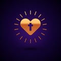 Gold Christian cross and heart icon isolated on black background. Happy Easter. Vector Illustration Royalty Free Stock Photo
