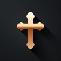 Gold Christian cross icon isolated on black background. Church cross. Long shadow style. Vector. Royalty Free Stock Photo