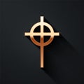 Gold Christian cross icon isolated on black background. Church cross. Long shadow style. Vector. Royalty Free Stock Photo