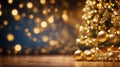 Gold Christmas background of defocused lights with decorated tree Royalty Free Stock Photo