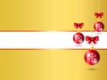 Gold Christmas background. Three hanging red decorative Christmas ball with white blank space for your greeting text Royalty Free Stock Photo