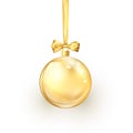 Gold Christmas ball with golden silk ribbon and bow. Element of holiday decoration. Vector illustration isolated on white Royalty Free Stock Photo
