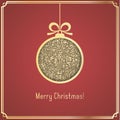 Gold Christmas ball, made of glitter, cut paper on red background. Royalty Free Stock Photo