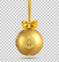 Gold Christmas ball with ribbon and a bow and snowflakes, isolated on transparent background. Template of matt realistic Royalty Free Stock Photo