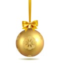 Gold Christmas ball with ribbon and a bow and snowflakes, isolated on white background. Template of matt realistic Royalty Free Stock Photo