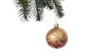 Gold Christmas balls with ornament on the green fir branch. Whit Royalty Free Stock Photo