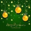 Gold Christmas balls and stars on green knitted background