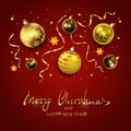 Gold Christmas balls with streamers on red knitted background Royalty Free Stock Photo