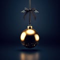 Gold Christmas bauble on black background. Elegant luxurious Christmas card