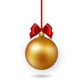 Gold Christmas ball with red ribbon and bow on white background. Vector illustration. Royalty Free Stock Photo