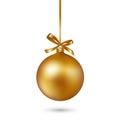Gold Christmas ball with ribbon and bow on white background. Vector illustration. Royalty Free Stock Photo